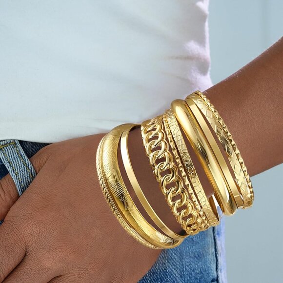 Brass Chunky Gold Bangles Set, 14K Gold Plated - Customizable for Every Occasion - Picture 7 of 9